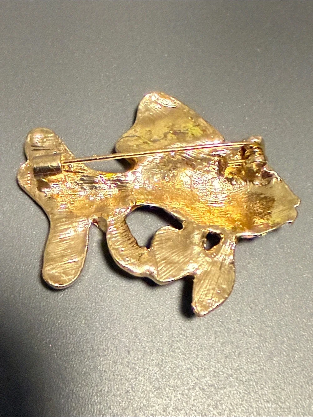 Gold tone, red enamel, beta fish, rhinestone brooch